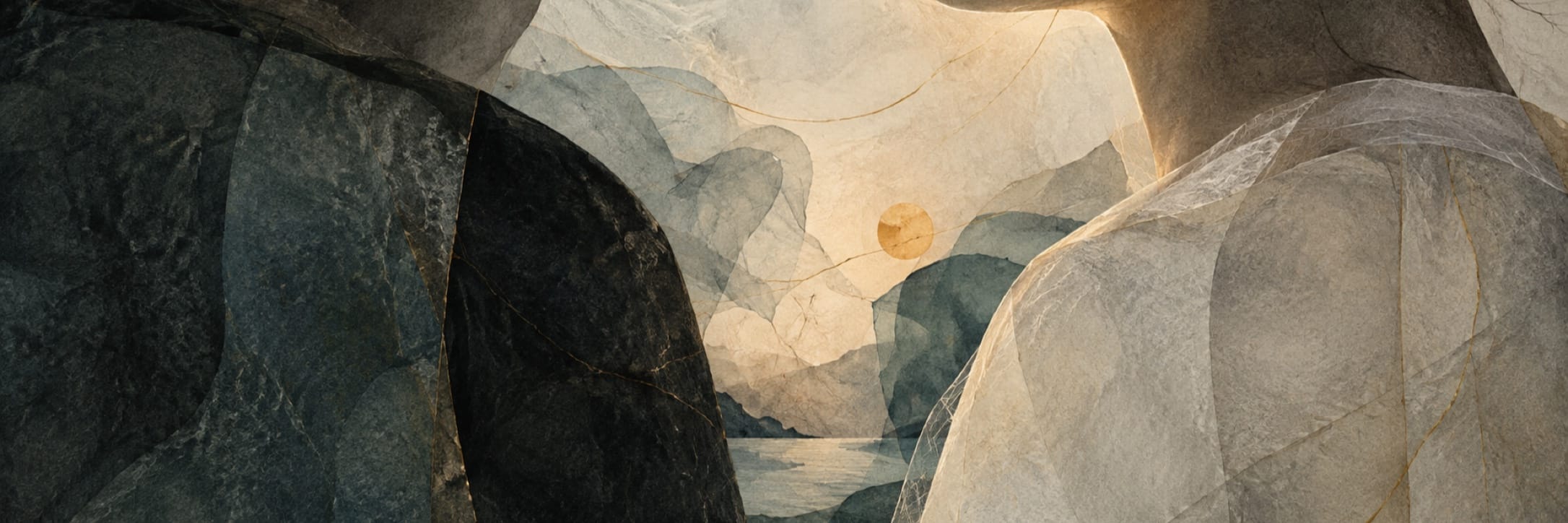Two abstract figures face each other in a surreal landscape featuring mountains, water, and a sun.
