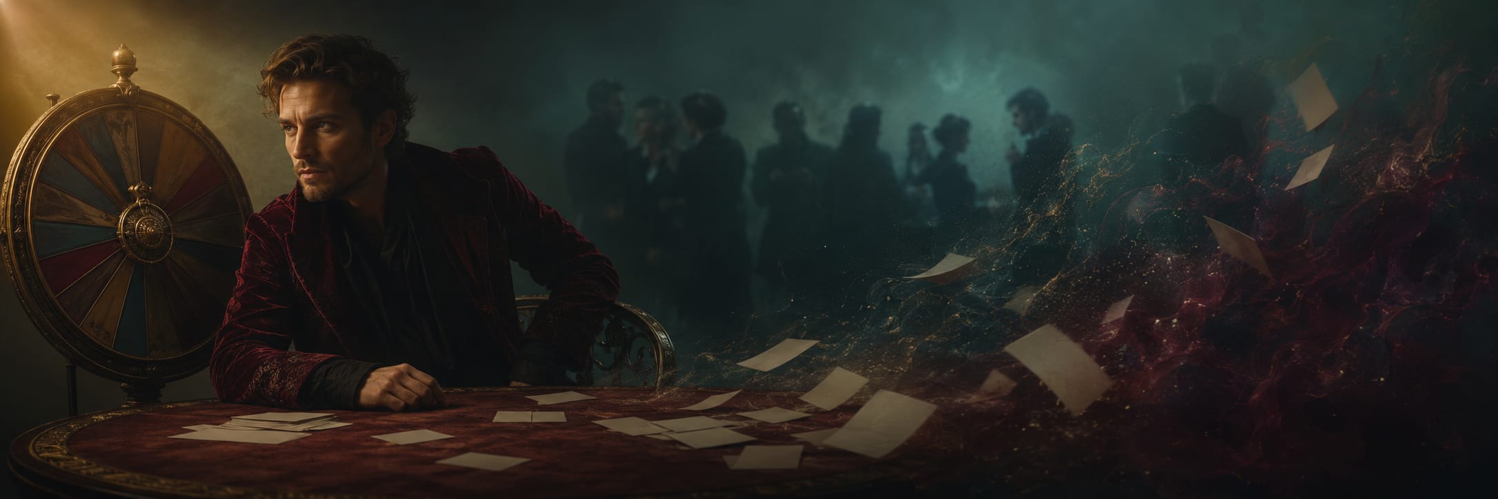 A man sits at a table with papers and a roulette wheel as people gather in the misty background, appearing thoughtful.