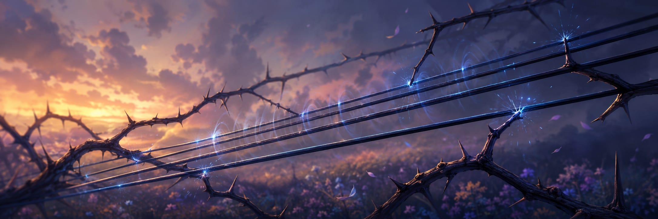 Thorny vines and glowing wires intertwine chaotically above sunset flowers under a cloudy sky.