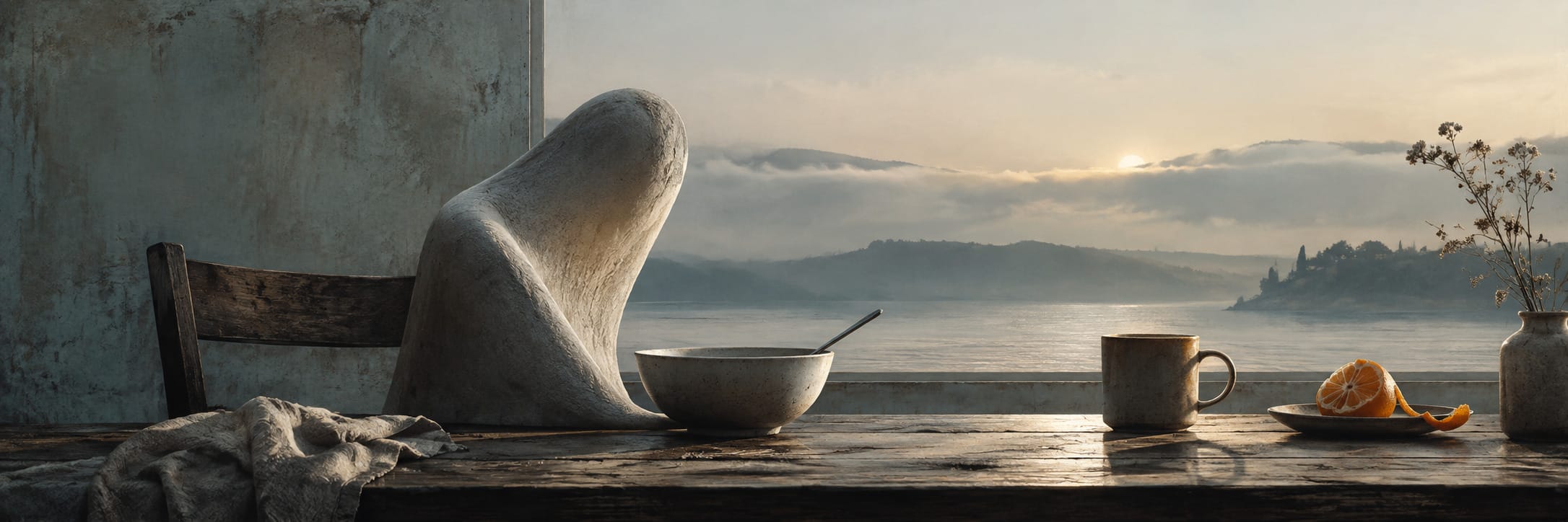 Text-free conceptual editorial artwork for The Strange Shape at Breakfast.