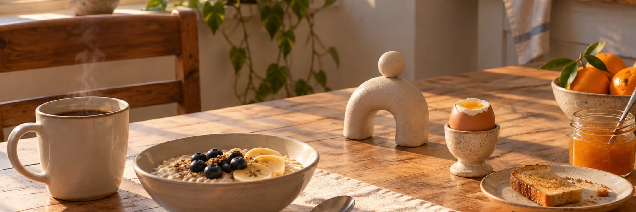 A small pale abstract figure sits among breakfast dishes on a sunny table.