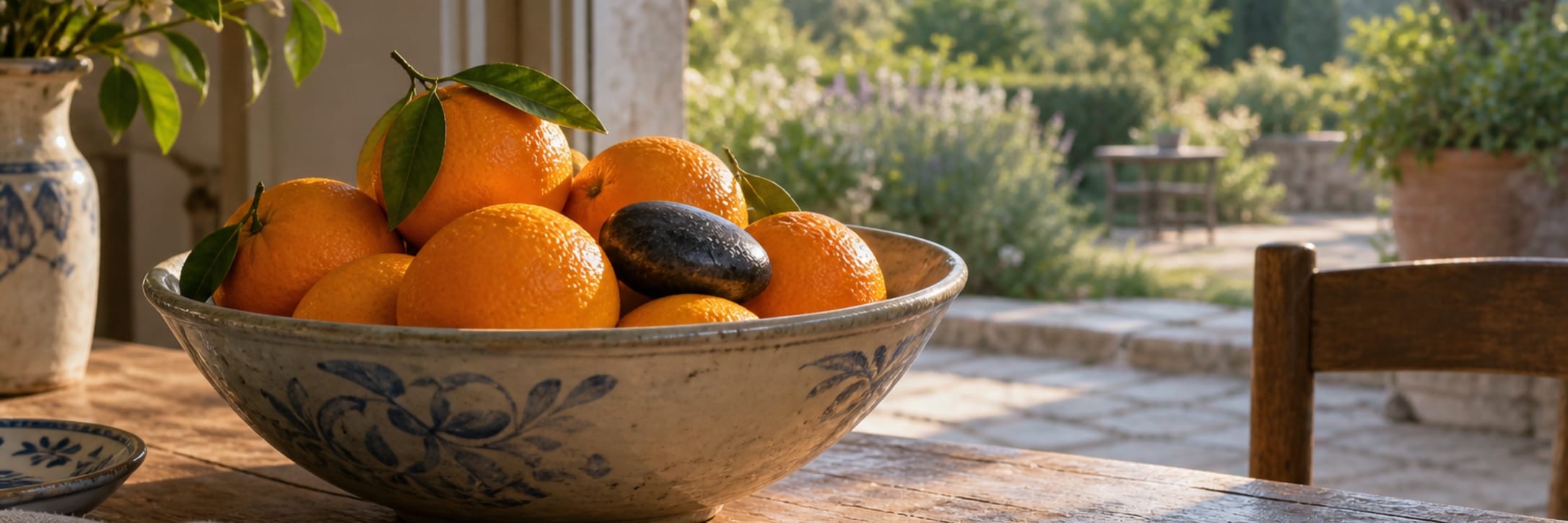 A painted bowl of oranges contains one dark unfamiliar fruit on a sunlit table.