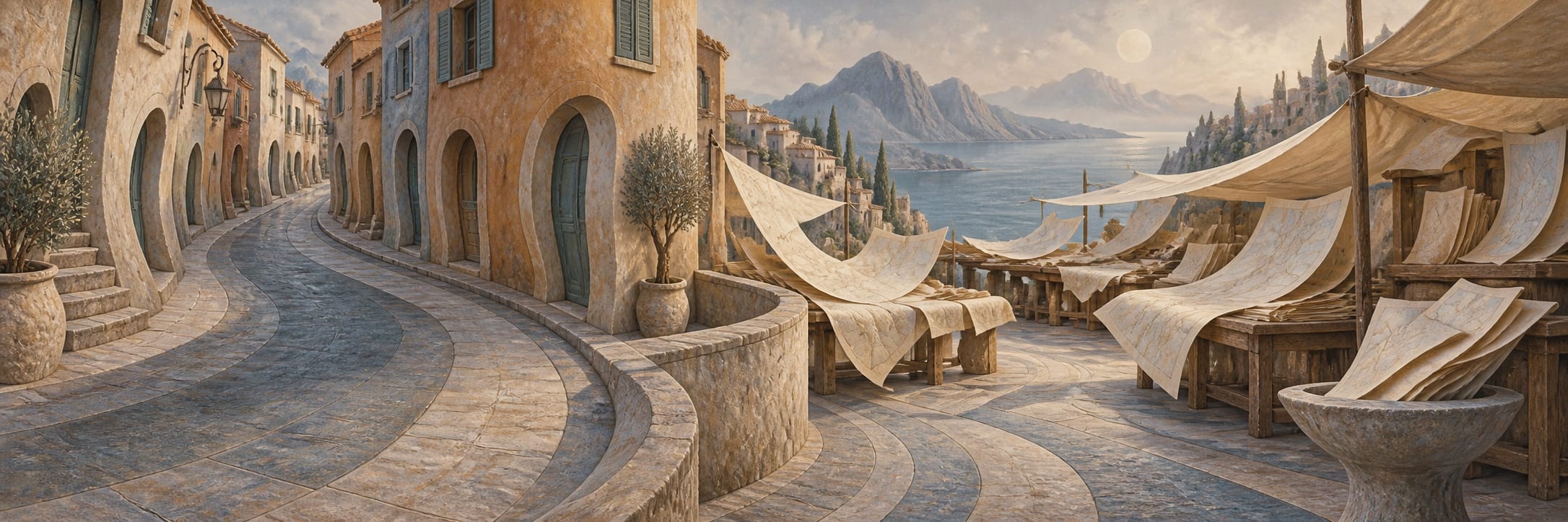 Curved stone street lined with tan buildings and canopies, overlooking a seaside landscape with mountains under a hazy sky.