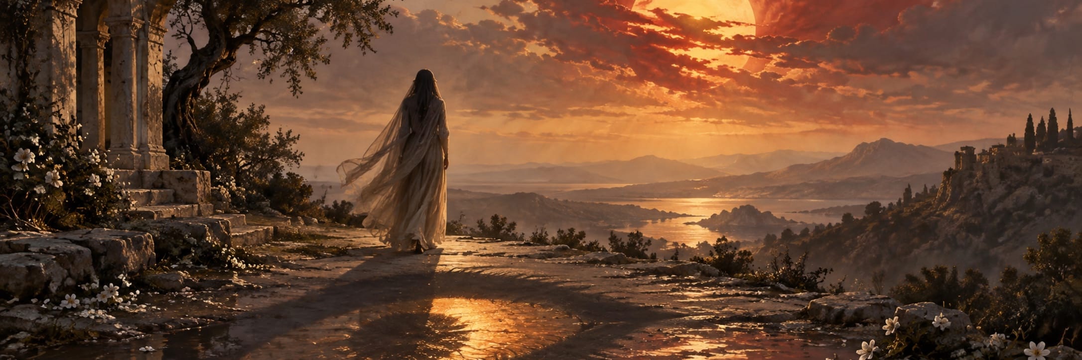 A person in a flowing dress stands by ancient ruins, looking out over a fantastical valley and misty river.