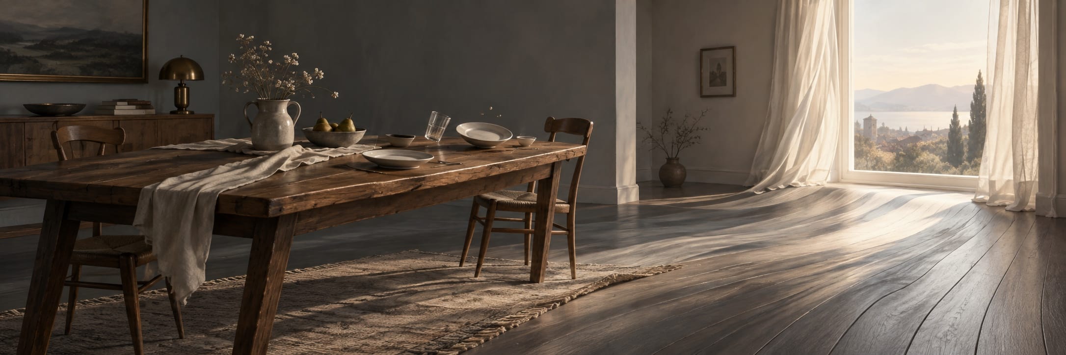 Rustic dining room with a wooden table and a surreal view of mountains and shimmering water through the window.