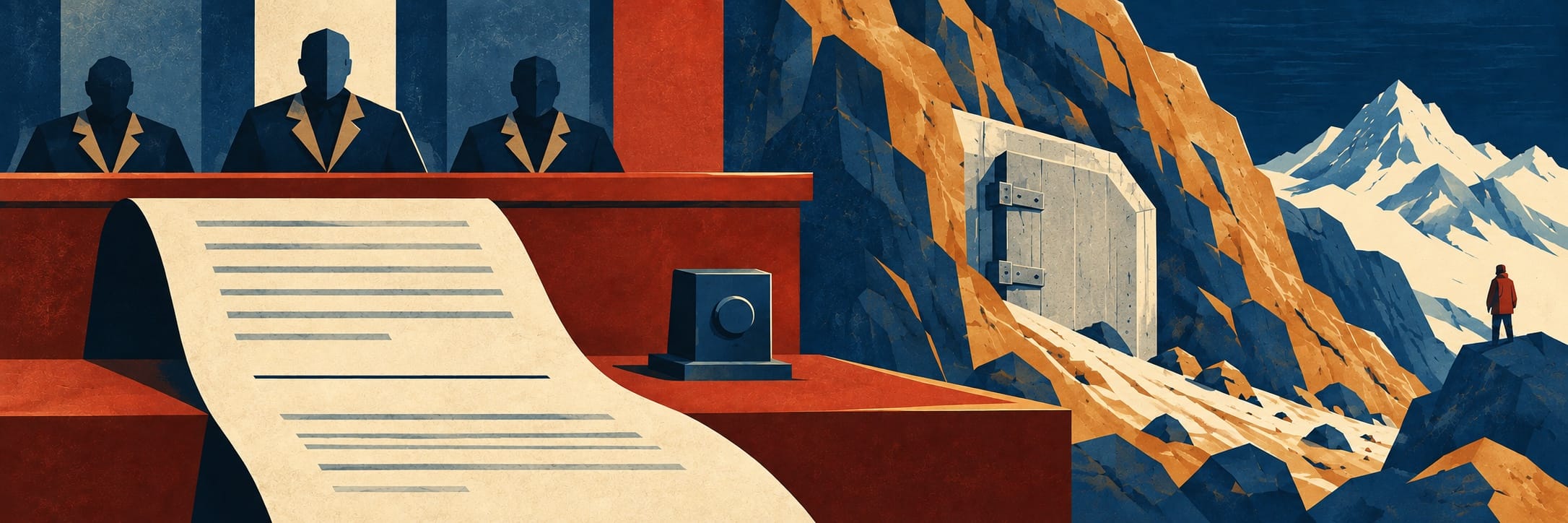 Three suited figures sit behind a long document while a lone person stands at a doorway cut into a steep mountain.