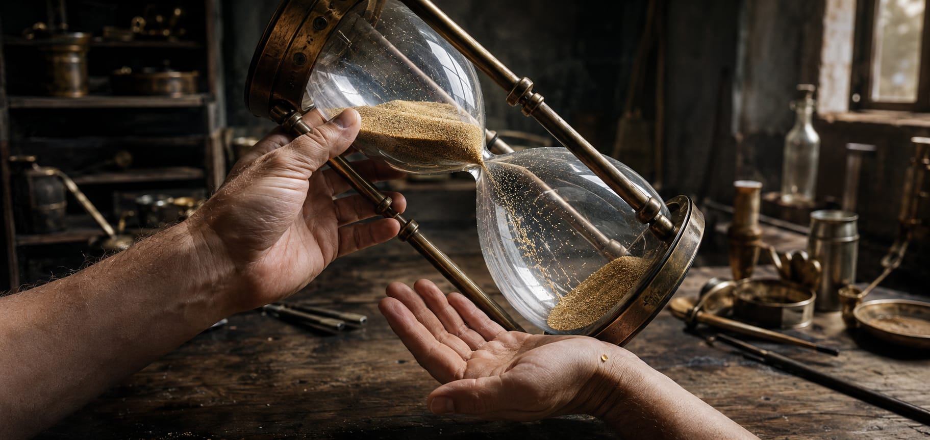 A person tips a large hourglass, letting sand fall onto another's hand among antique objects on a wooden table.
