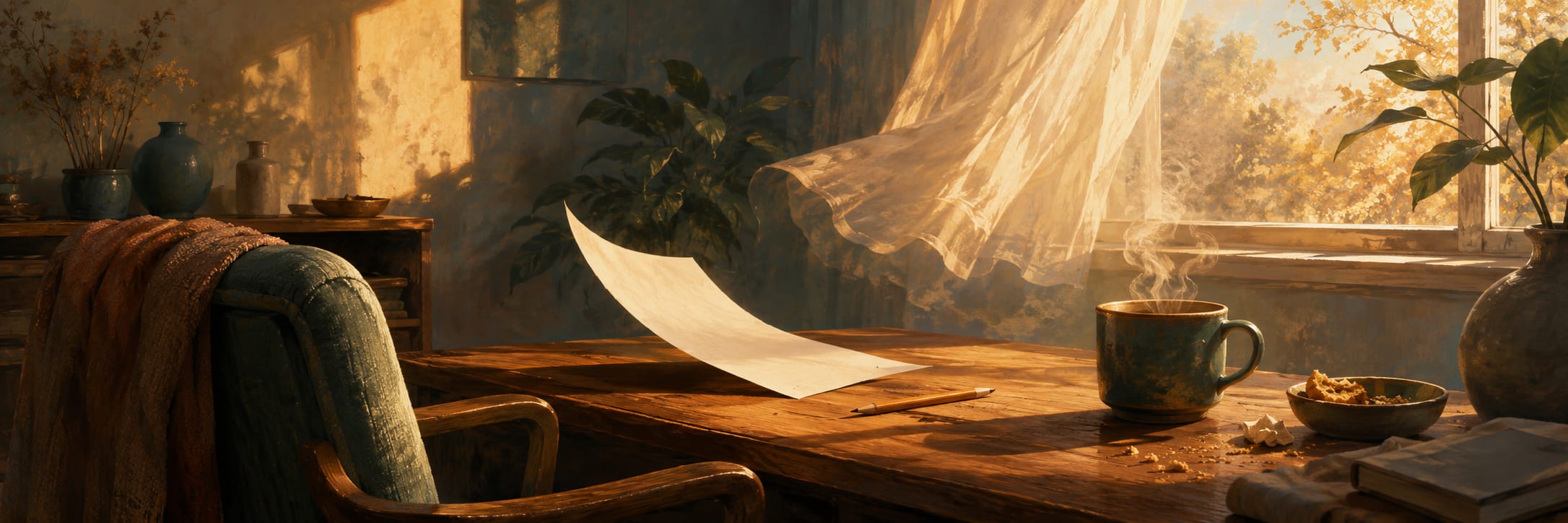 Paper and pencil on a desk with curtains billowing by an open window in a cozy room.