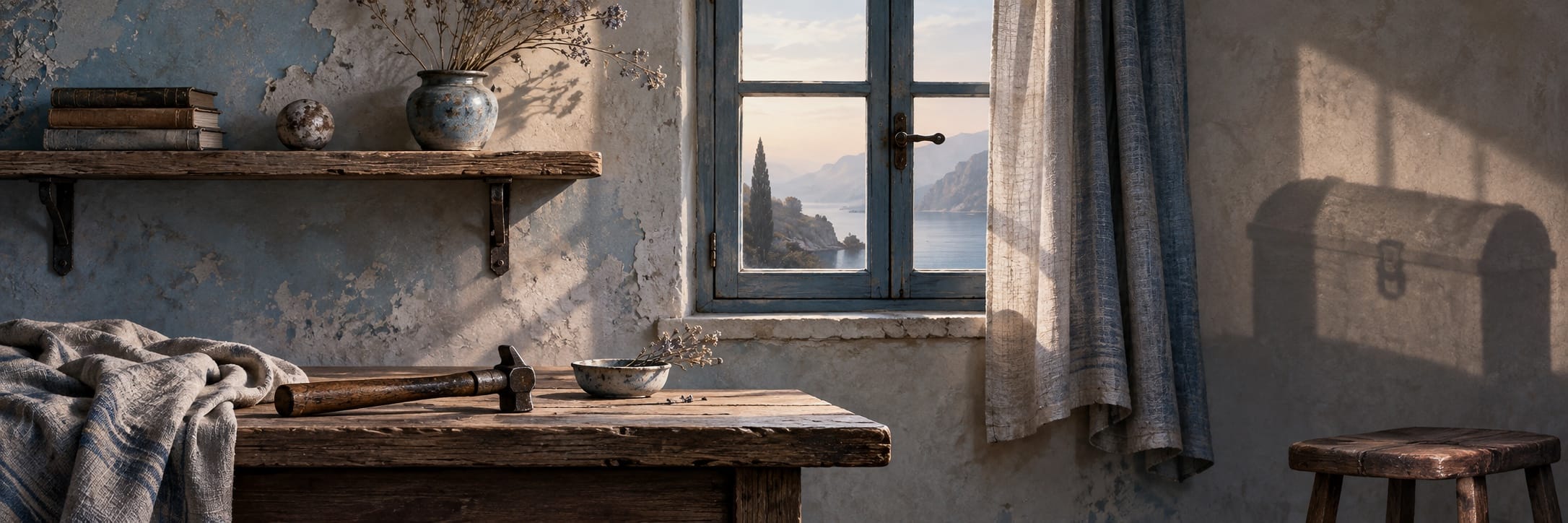 Rustic room with a wooden table, shelf, and window overlooking a calm sea and mountains.