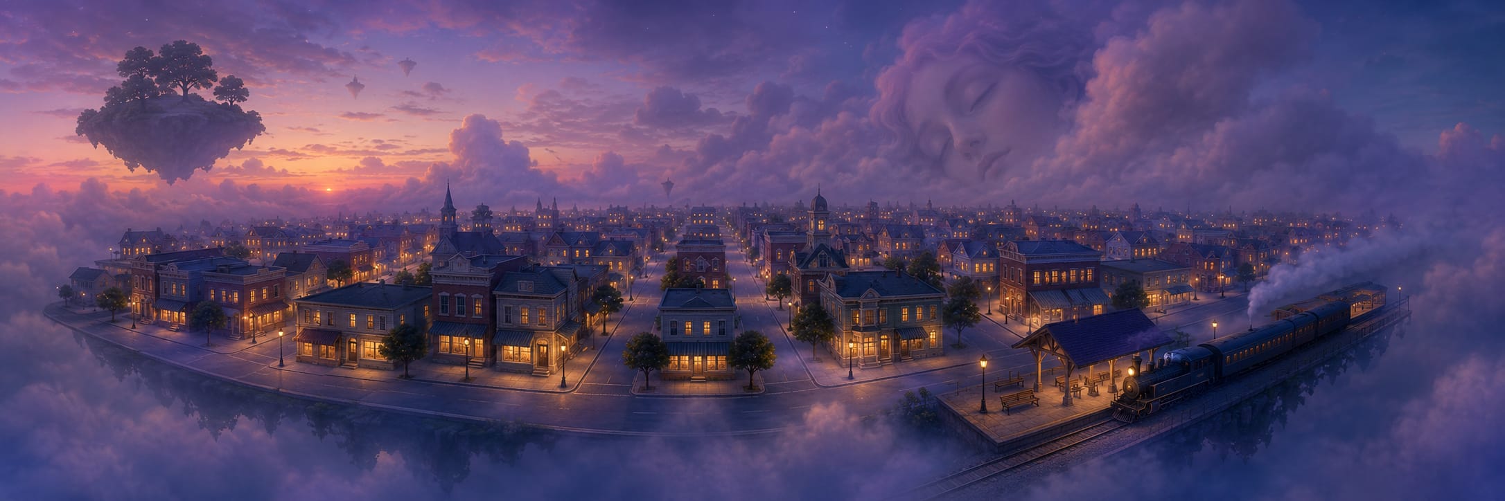 A surreal train station in a floating, illuminated town drifts among clouds at dusk, with a face and island visible in the sky.