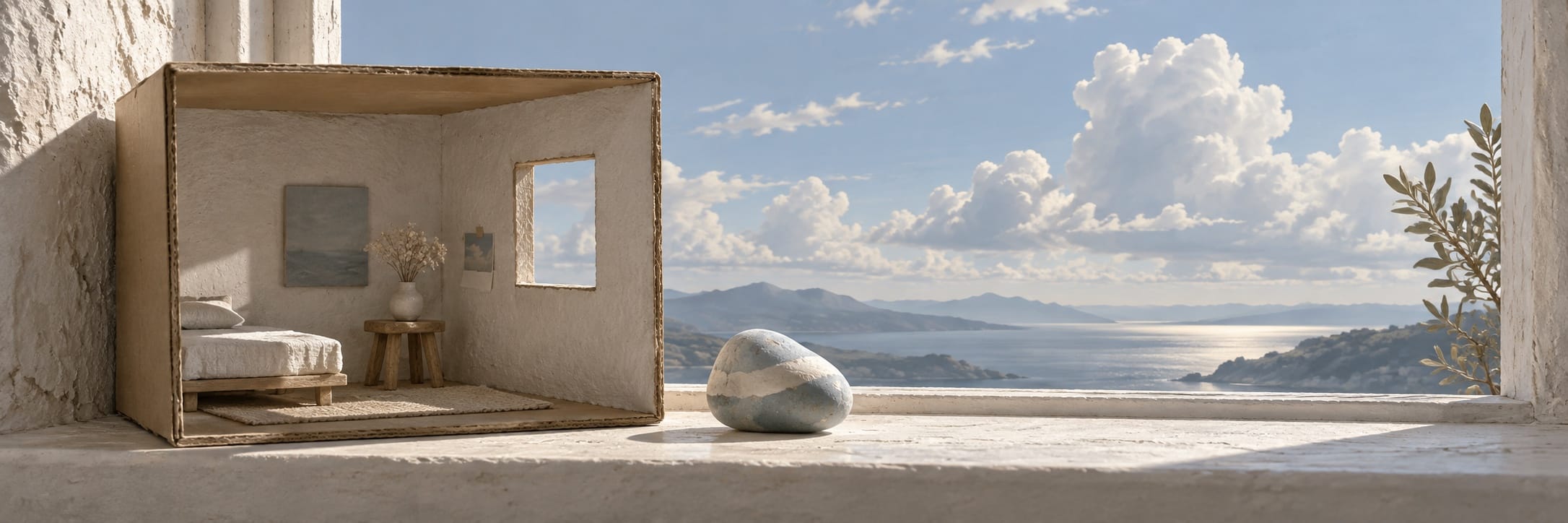 A cardboard model bedroom rests on a windowsill next to a rock, overlooking the sea and mountains.