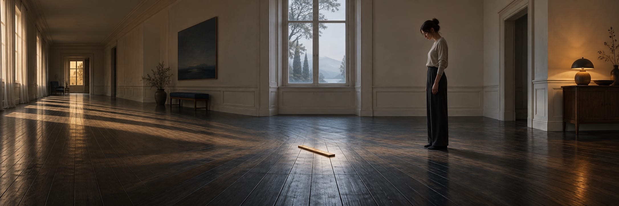 A woman stands in an empty room, looking at a stick on the floor in a surreal, fantastical scene.