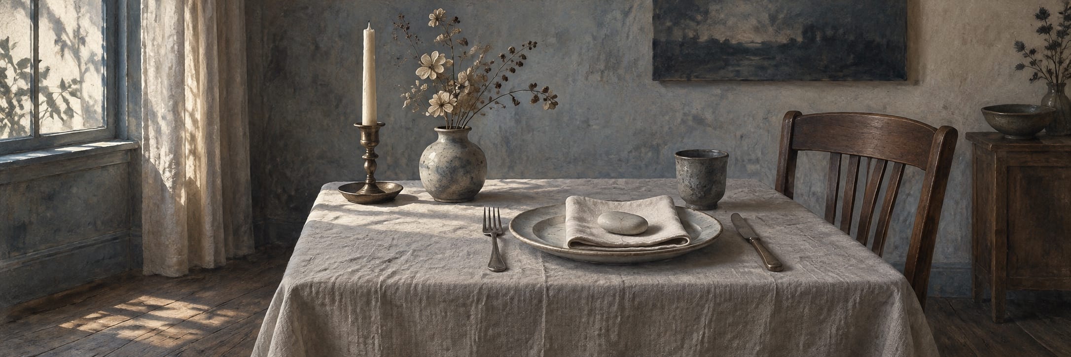 A small table is set with a candle, a vase, a cup and a smooth pale stone.