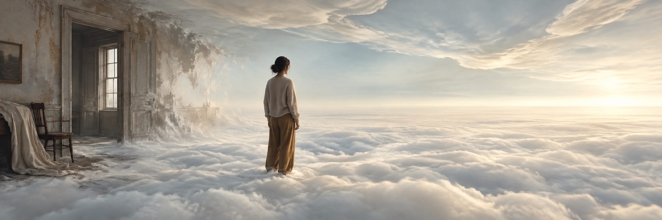 A person stands at the edge of a ruined room, gazing over clouds beneath a bright sky.