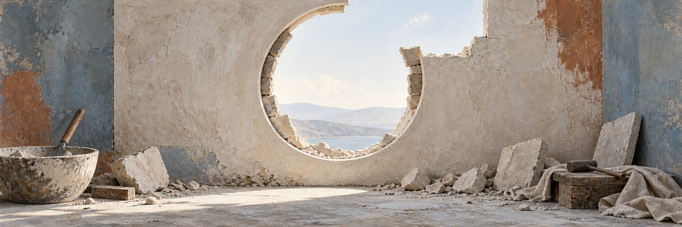 A circular opening in a plaster wall reveals distant mountains above rubble and tools.