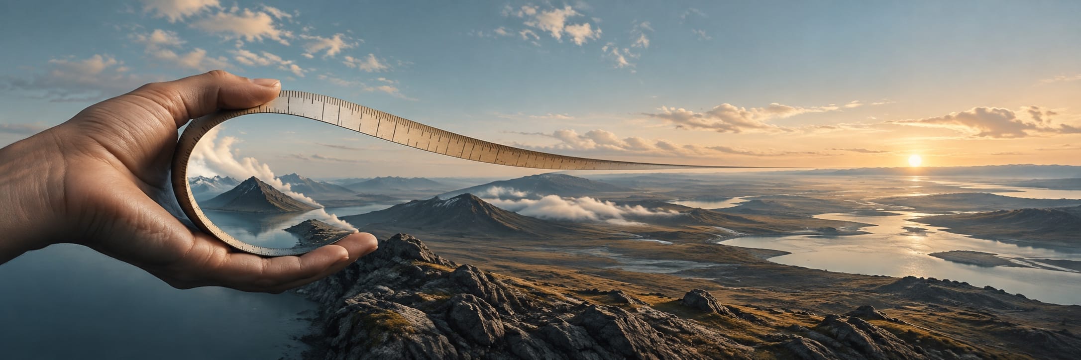 A hand holds a bent ruler over a mountain and lake at sunrise, emphasizing the landscape’s size and the water’s reflection.