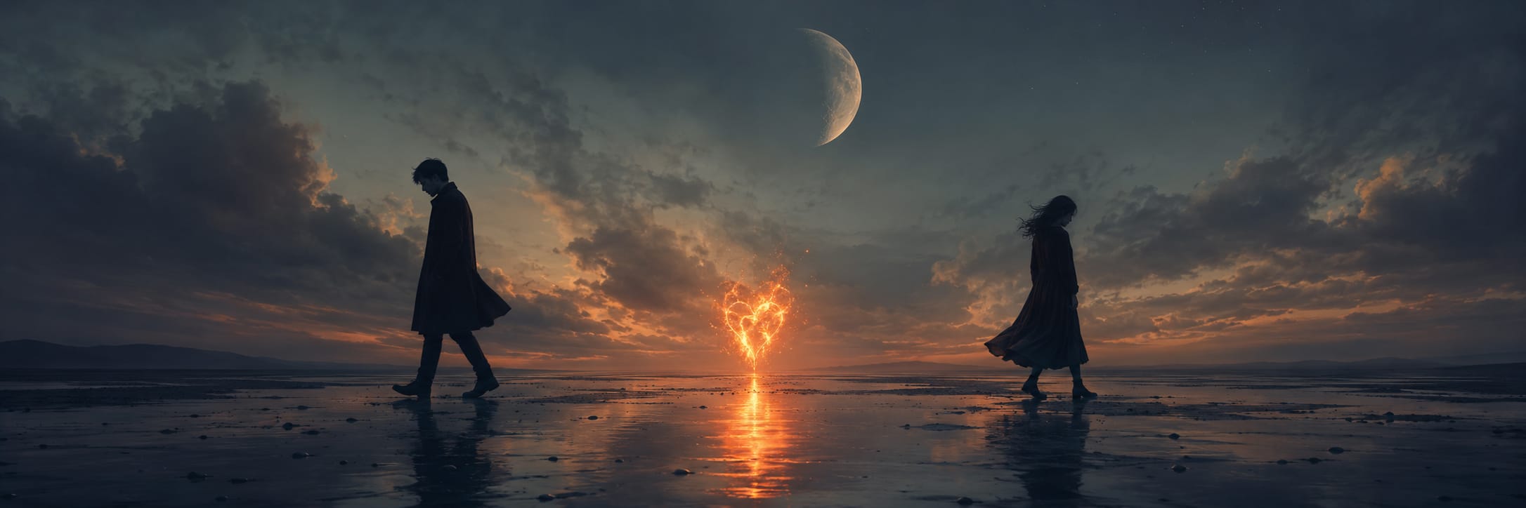 Two people part ways beneath a fiery heart and crescent moon at sunset, reflecting the meeting of nature and reflection.