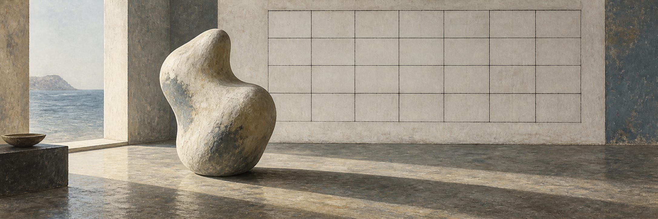An irregular stone sculpture stands before a blank rectangular grid on a gallery wall.