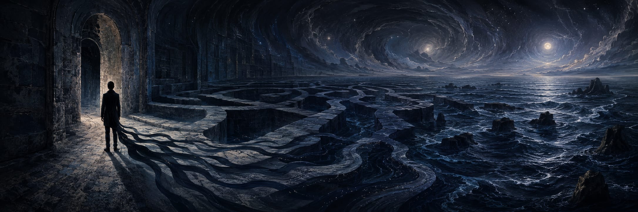 A person stands at a stone doorway, looking into a maze under a whimsical night sky above a surreal, star-speckled sea.