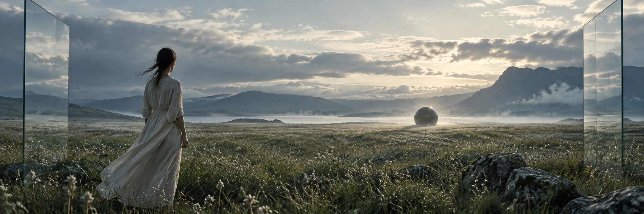 A woman in a white dress stands in a grassy field, facing a distant orb as the sun rises.