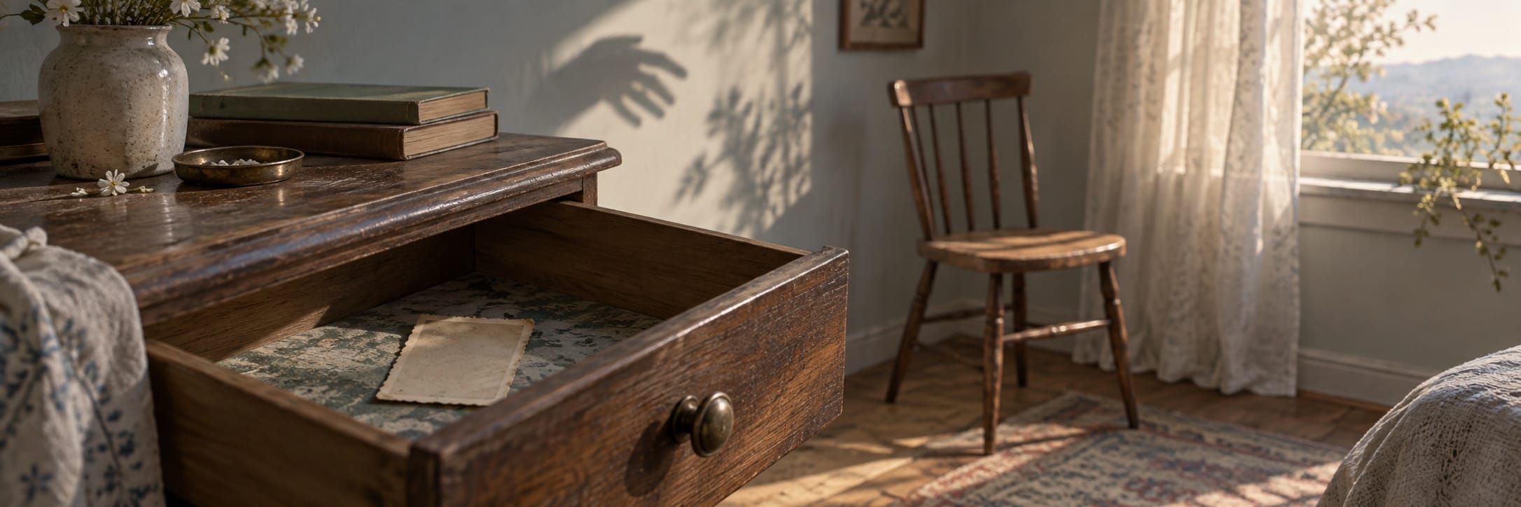 Open desk drawer with an envelope inside, books stacked on top, in a cozy room with lace curtains and sunlight streaming in.