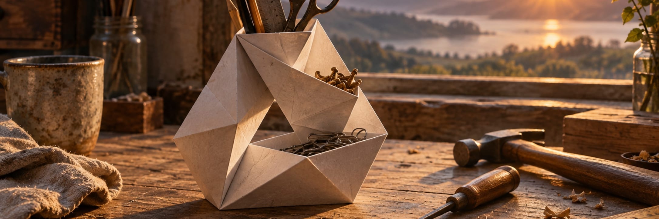A paper sculpture, tools and small wooden forms lie on a workbench by a window.
