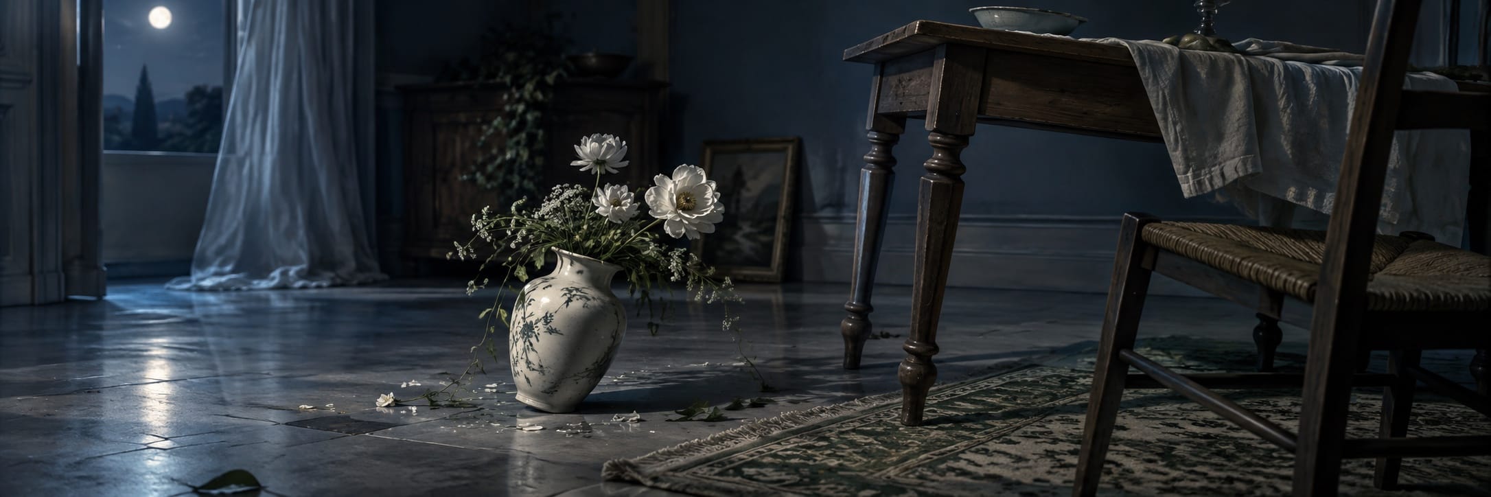 A ceramic vase with white flowers lies tipped over next to a dining table in a surreal, fantastical room.
