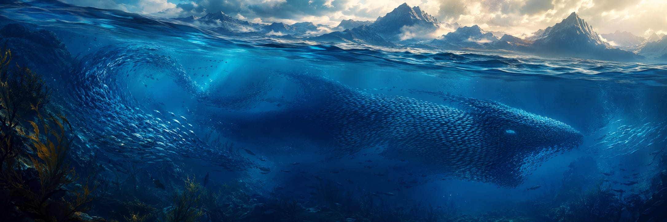 A whale composed of fish swims by underwater mountains, its scales shimmering in a tranquil scene of nature and reflection.