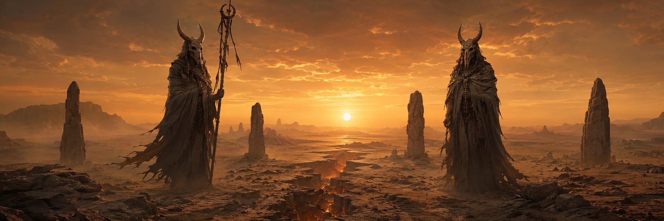 Hooded horned statues stand among barren desert pillars at sunset in a surreal, fantastical scene.