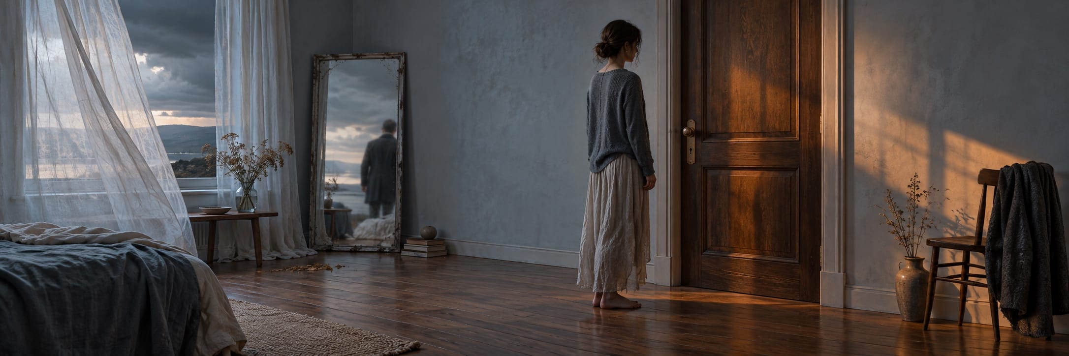 A barefoot woman stands facing a wooden door in a bedroom with a mirror and vase, conveying strength and spirit.