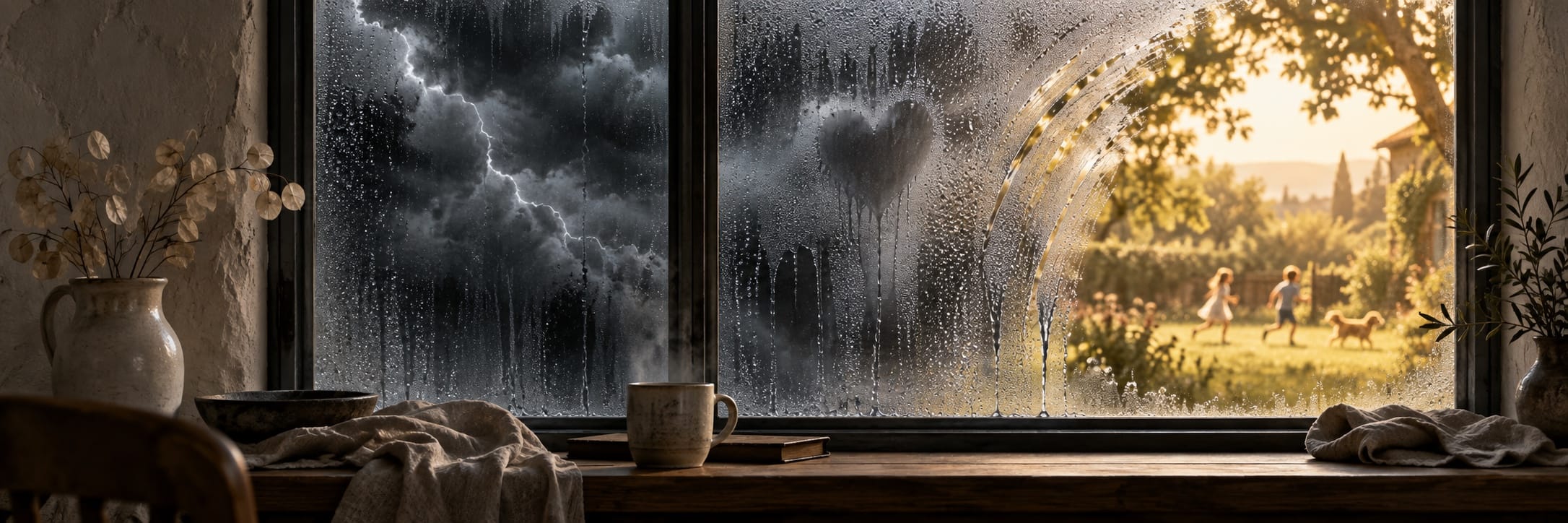 A surreal window shows a stormy scene on the left, a sunny garden with children and a dog on the right, and a table in front.