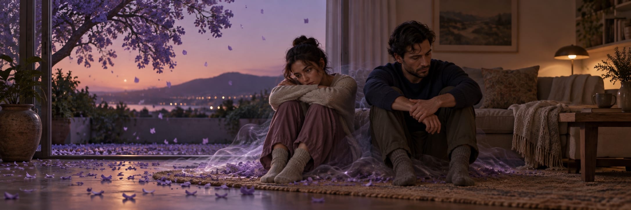 A woman and man sit on a rug indoors, both appearing sad. Purple flowers are scattered nearby, symbolizing lost strength.