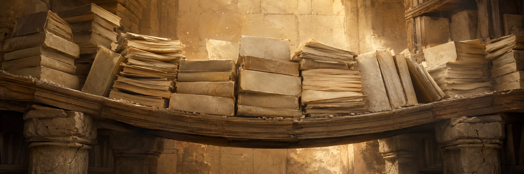 Stacks of old, yellowed books labeled Strength & Spirit rest on a curved stone shelf in an ancient library.