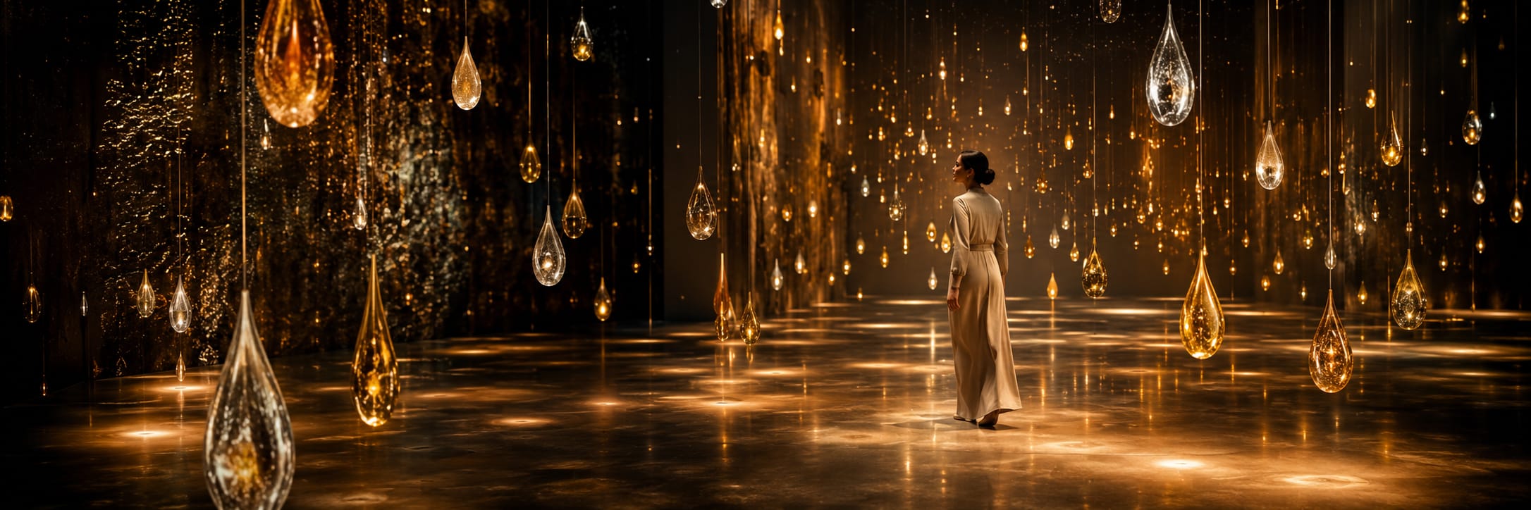 A woman in a long dress walks through a room filled with surreal glass teardrops and golden lights reflecting on the floor.