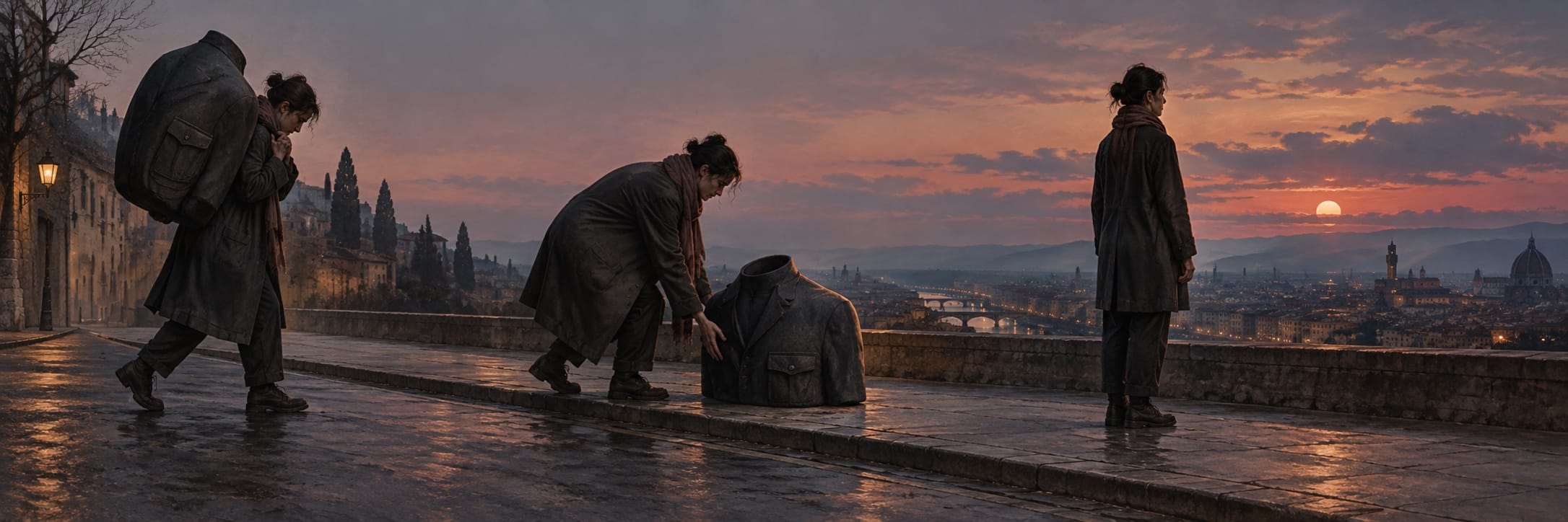A person sets down an oversized coat on a wet stone path at sunset, looking out over the city skyline.