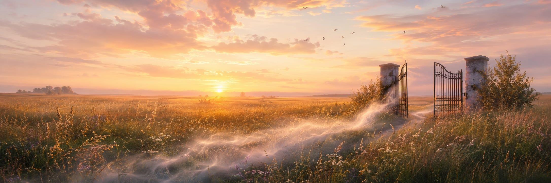 An open iron gate in a field at sunrise, mist trails cross the grass as birds fly above.