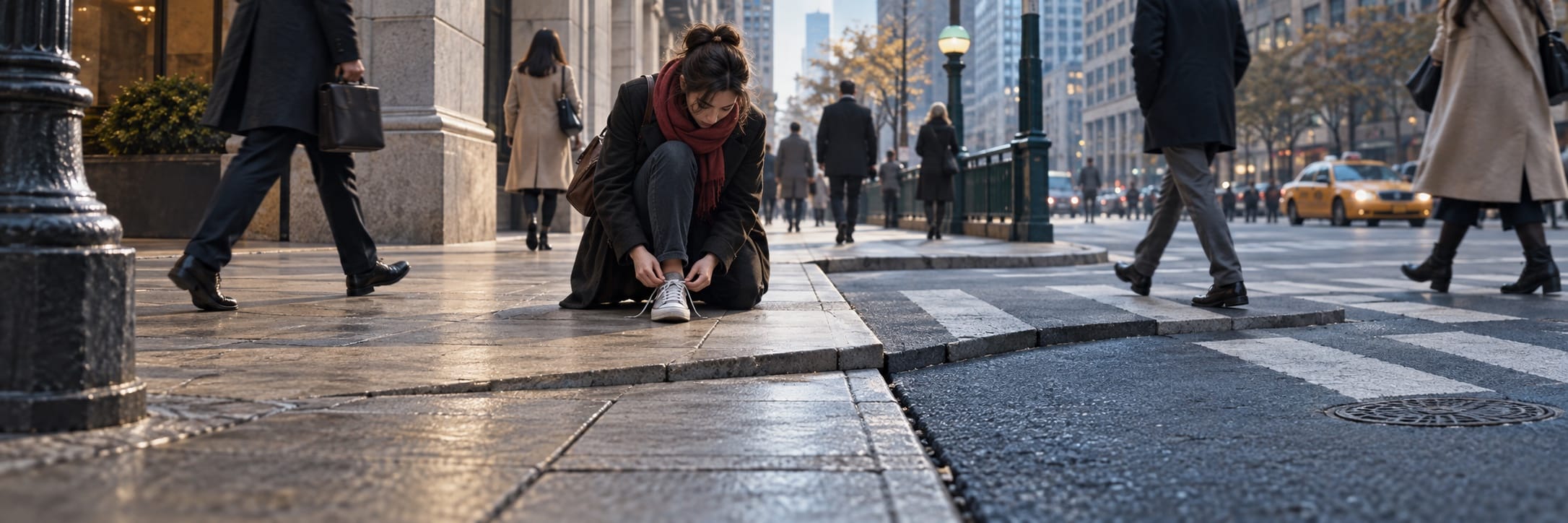 A woman crouches on a city sidewalk tying her shoe as fantastical figures and cars blur past in a vibrant urban setting.