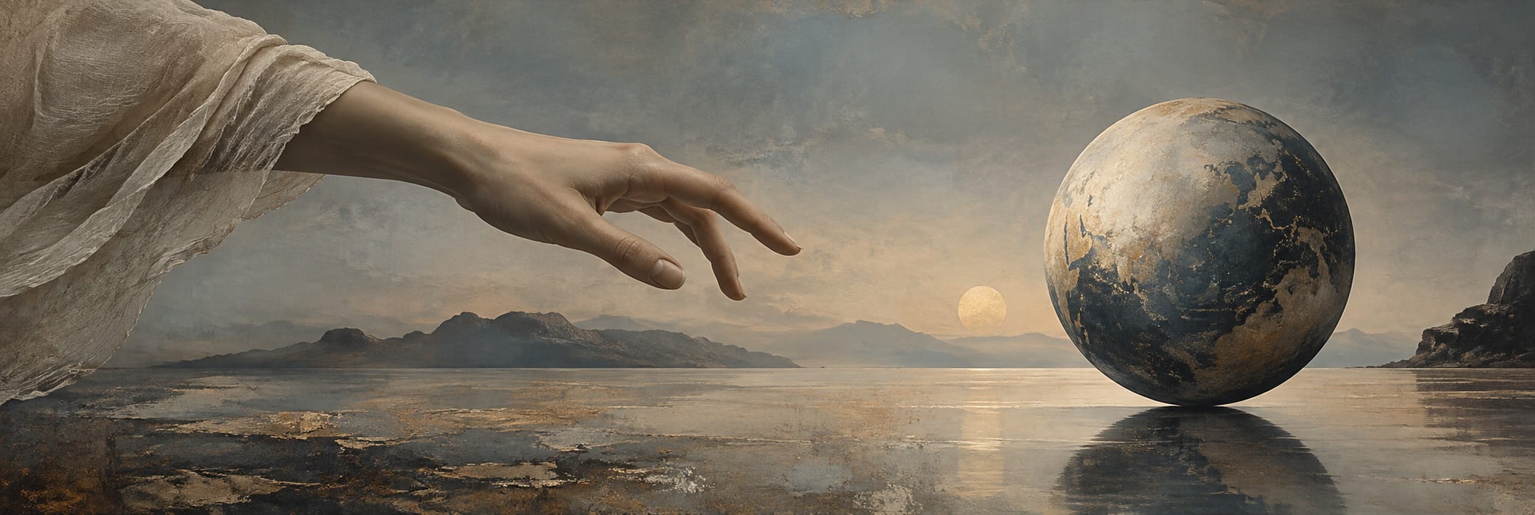 Text-free conceptual editorial artwork for The World Tilts Towards the Hand.