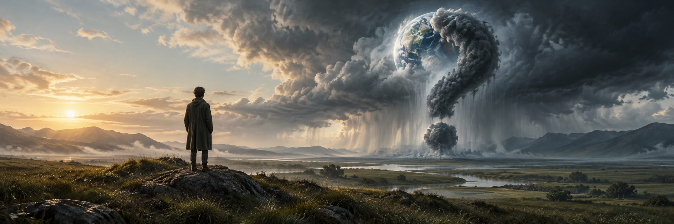 A person stands on a hill beneath swirling clouds that form an Earth and a question mark in a surreal sky.