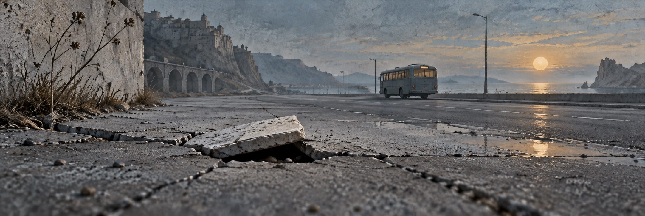 Cracked road with a raised slab, dry plants, a bus heading away, distant hills, and a vibrant sunset over the sea.