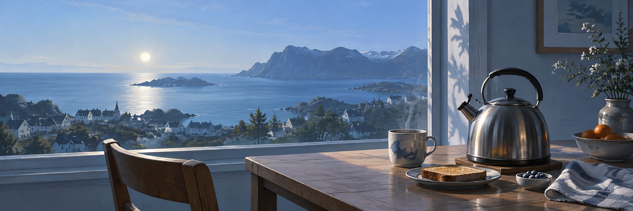 A kettle and breakfast table sit before a coastal horizon that is subtly displaced.