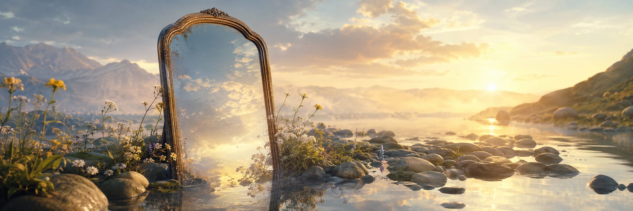 An ornate mirror sits among rocks and wildflowers by a lake, reflecting the natural scene at sunrise.