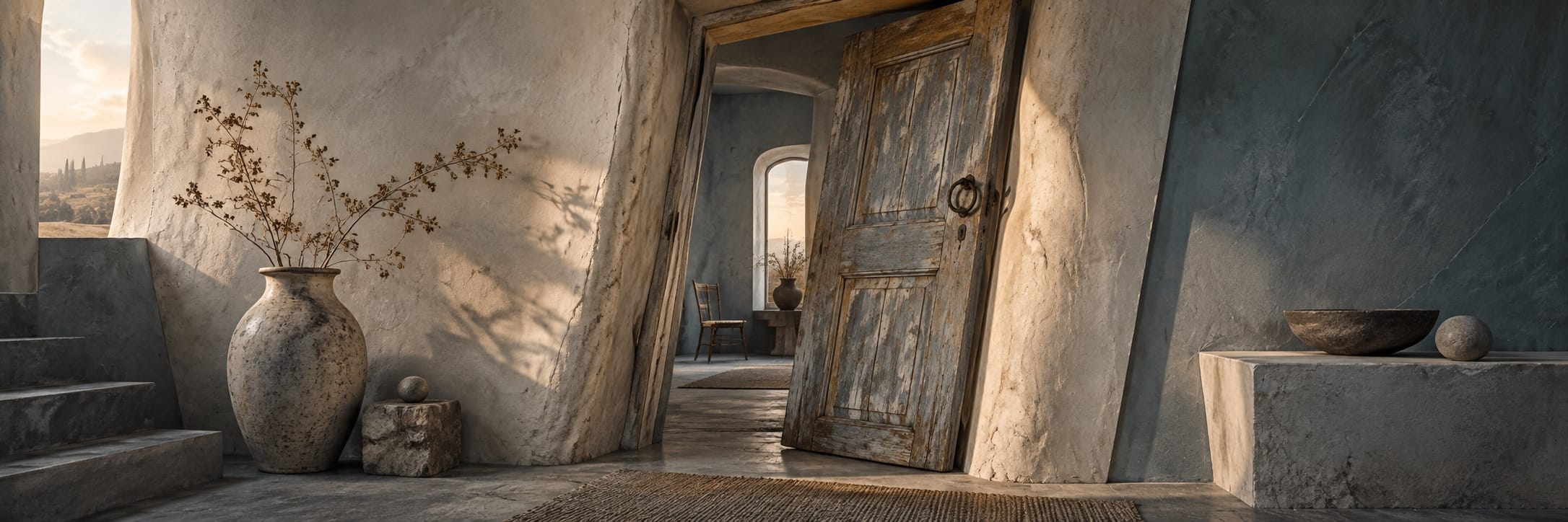 A rustic wooden door opens to a room with stone walls, a vase, and a bowl on a ledge.