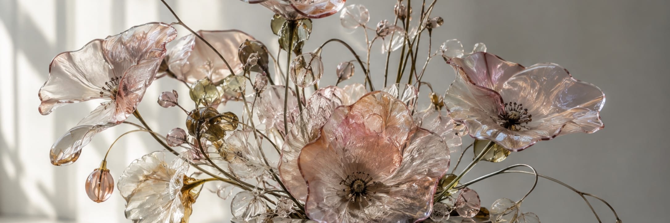 Pale translucent flowers spread across a softly lit surface.