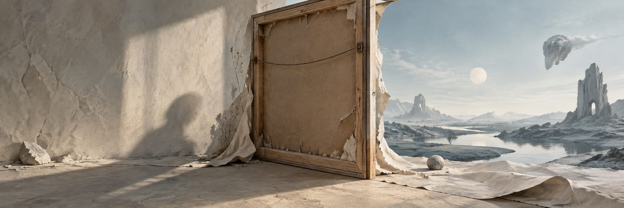 A weathered frame leans in a barren room, displaying an icy landscape with distant rocks and a bright sky.