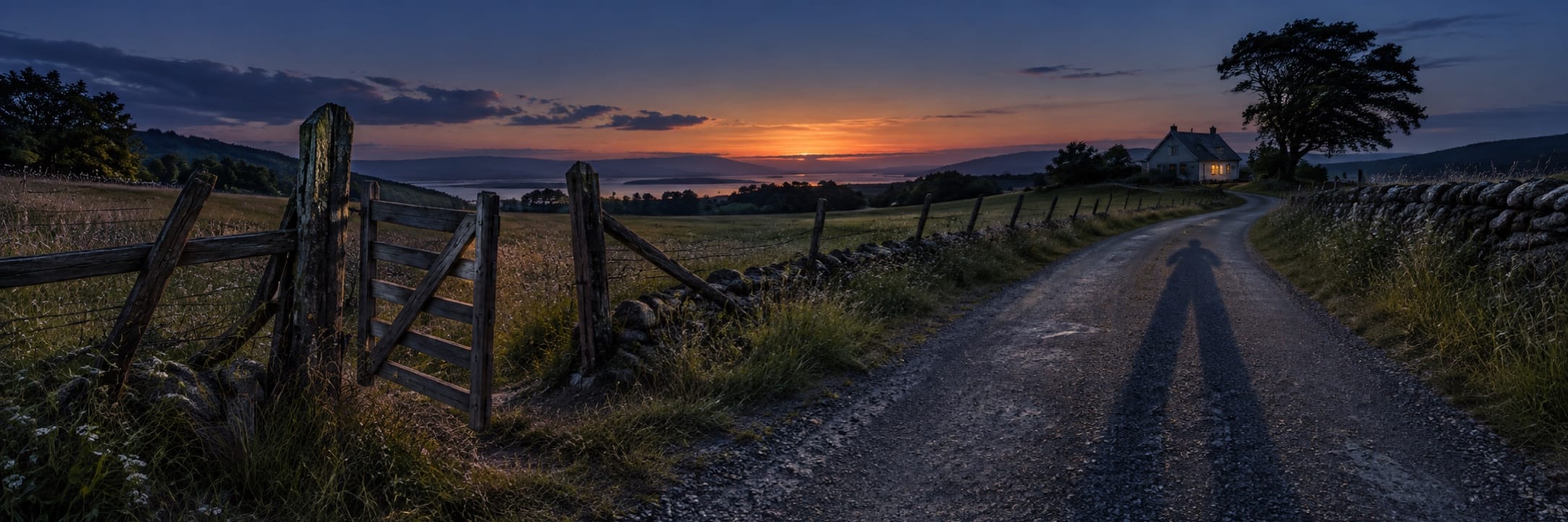 A country road curves toward a house at sunset, bordered by stone walls and open fields.