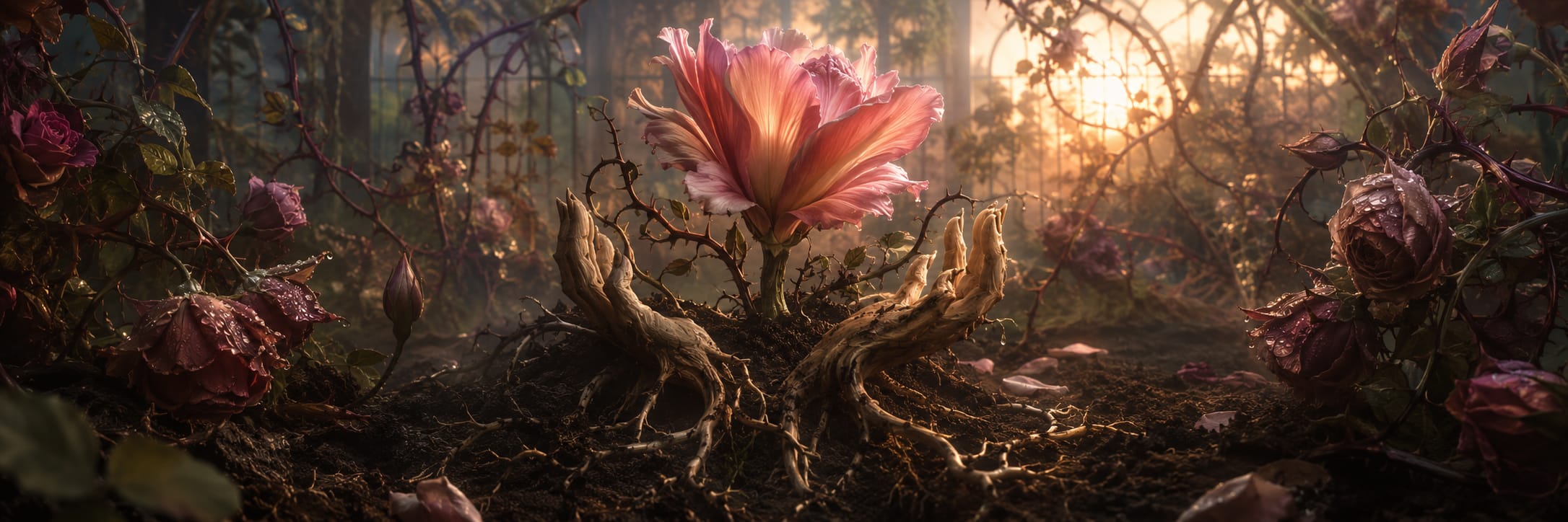 Large pink flower with exposed roots glowing in a surreal forest, surrounded by roses and sunlight filtering through trees.