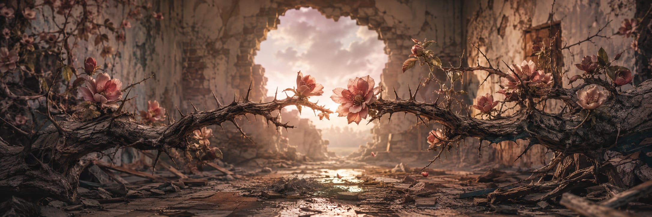 Blooming branches with pink flowers grow across rubble, symbolizing resilience amid chaos.
