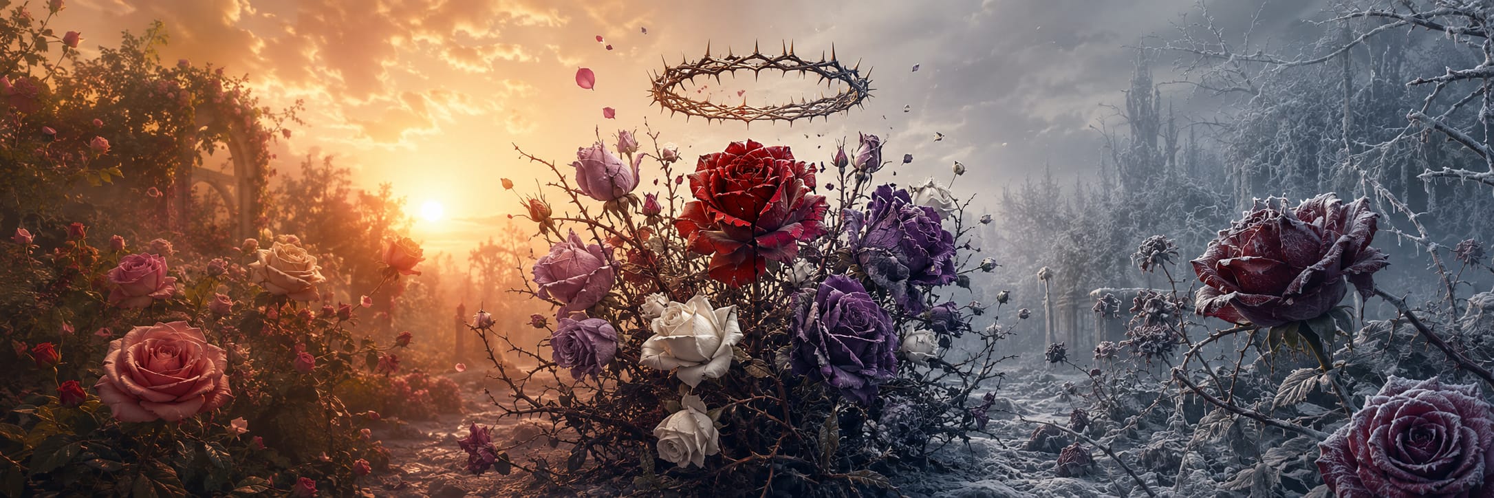 A crown of thorns hovers above roses, symbolizing the contrast between warmth and chaos in nature.
