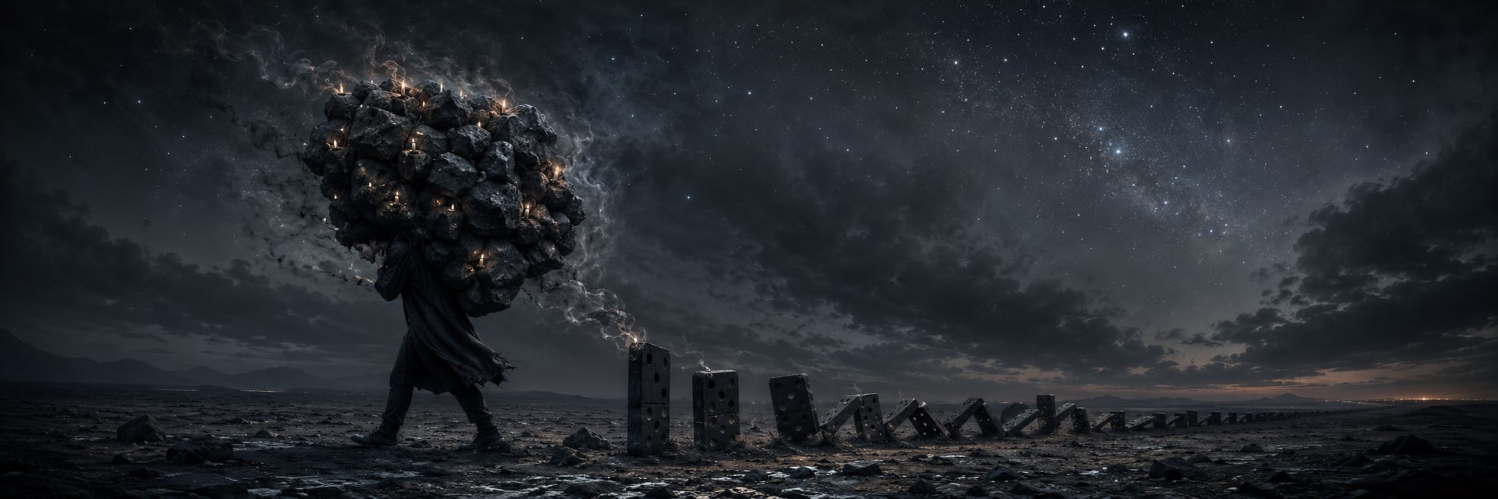 A figure of Strength & Spirit carries glowing rocks past fallen dominoes, moving forward beneath a starry sky.